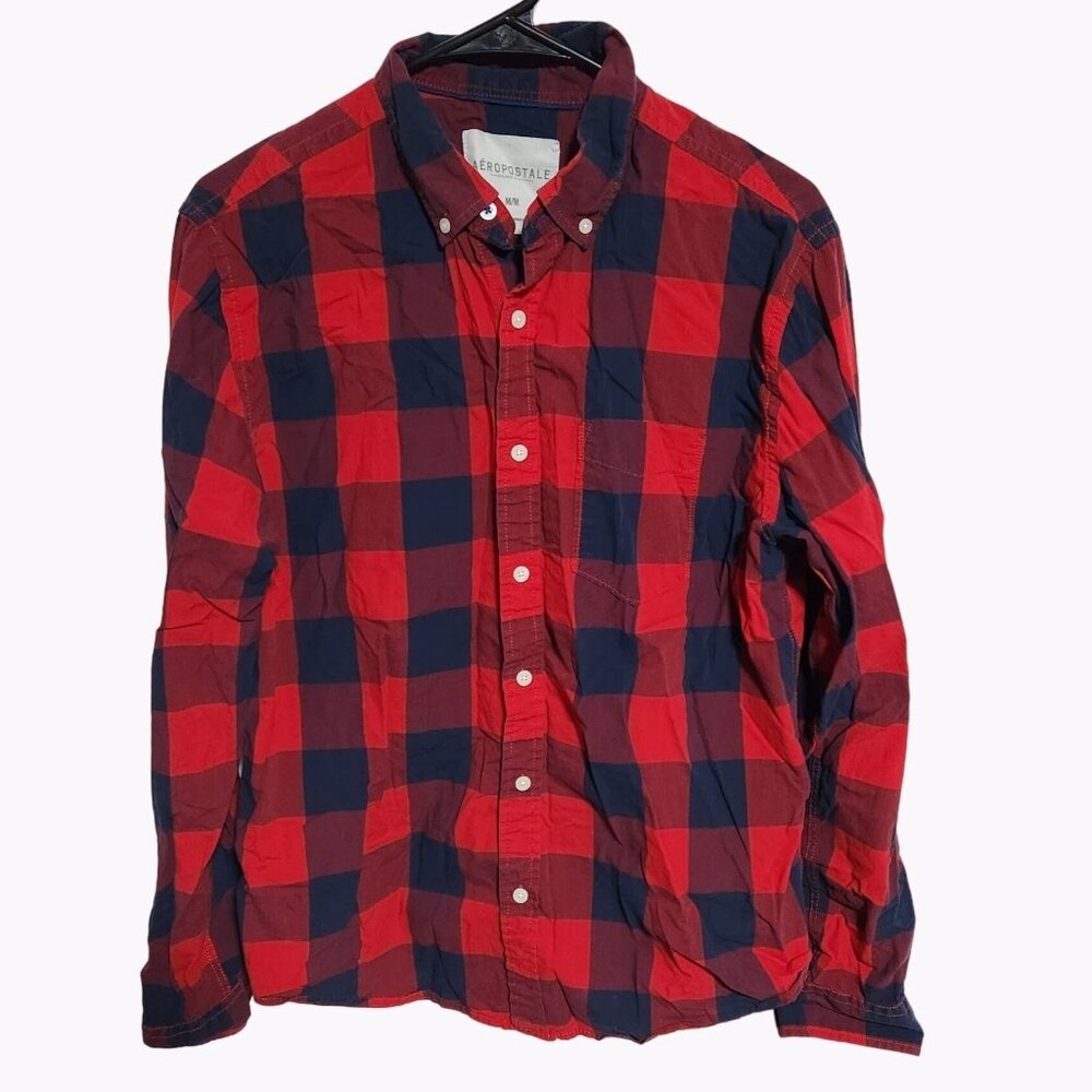 Aeropostale Button Up Shirt Mens Size Medium Red Blue Buffalo Plaid Long Sleeve